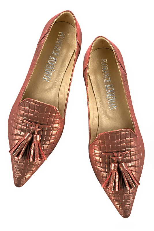 Terracotta orange women's loafers with pompons. Pointed toe. Flat flare heels. Top view - Florence KOOIJMAN